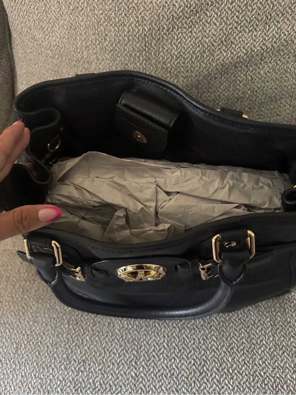 Michael Kors Black Leather Satchel with Gold Accents